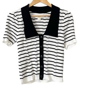 Maeve Anthropologie Striped Short Sleeve Collared‎ Slim Cardigan Sweater Large